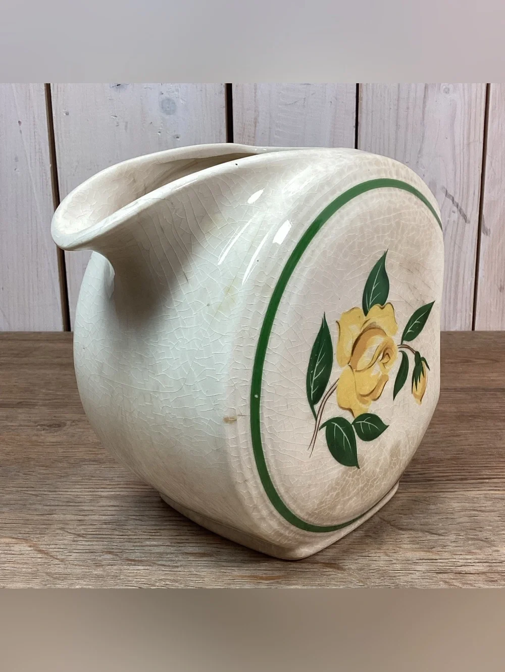 Stained & Crazed Vintage Yellow Rose Disc Pitcher